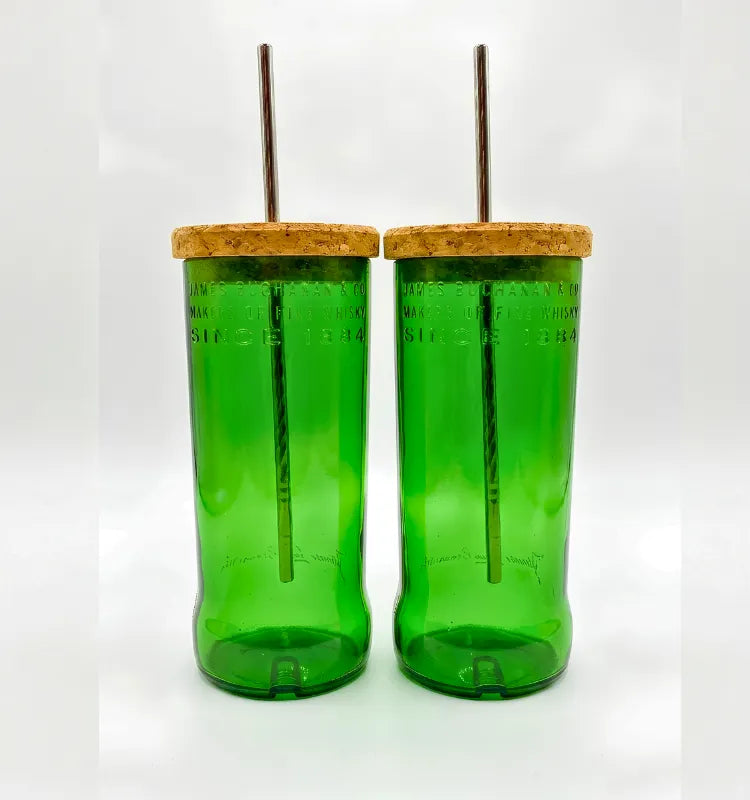 Handmade upcycled glass sipper with leak-resistant lid from recycled whisky bottle