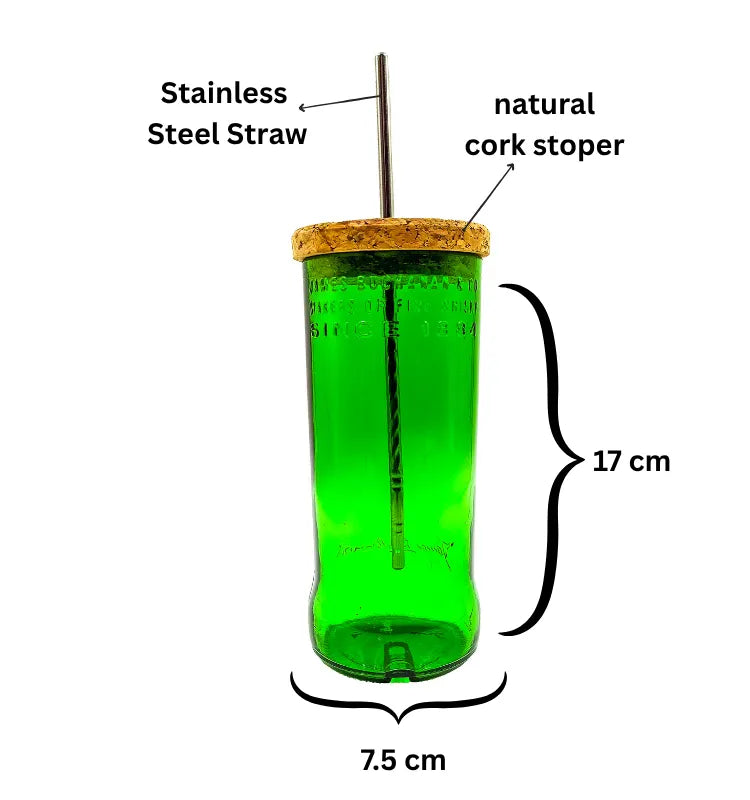 Person drinking water from a handcrafted upcycled whisky bottle glass sipper, sustainable drinkware