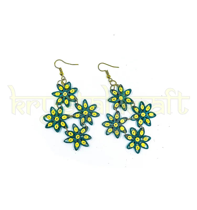 Side view of floral paper quilling earrings jhumka style showing 1/8 inch quilled petals sealed with clear acrylic for durable daily wear”