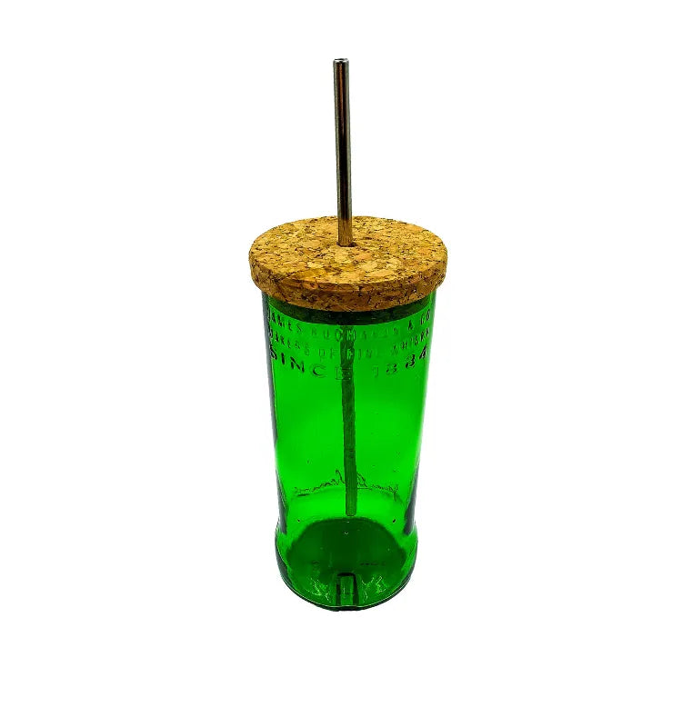 Close-up of smooth fire-polished rim on recycled Jameson glass sipper, handmade in India