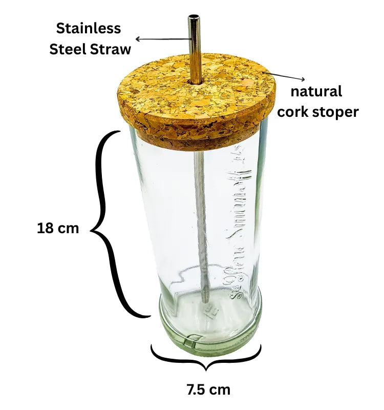Hand holding recycled Smirnoff glass water bottle showing smooth polished rim