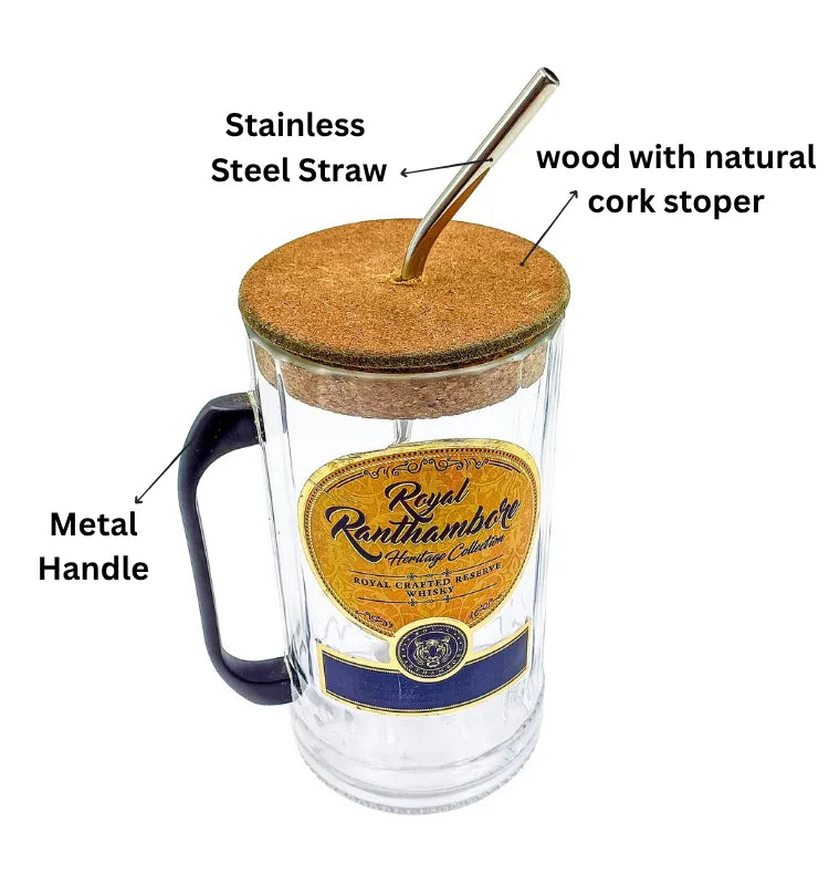 Close-up of the spill-proof sipper lid on the upcycled Royal Ranthambore glass mug