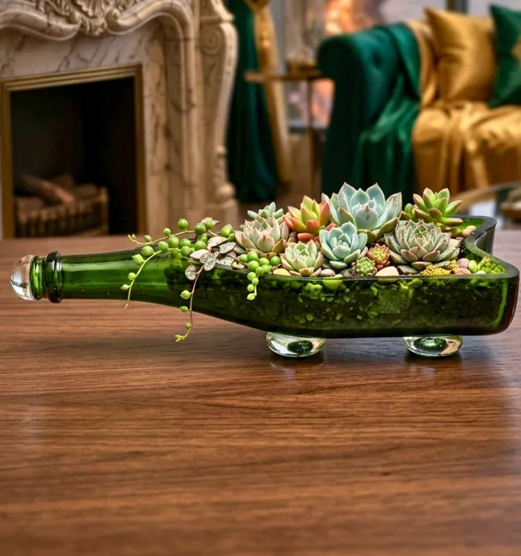 Table Top Sula Wine Bottle Planter handcrafted from upcycled glass, front view