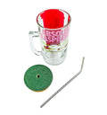 Hand holding sustainable upcycled Absolut Raspberri mug with cold beverage