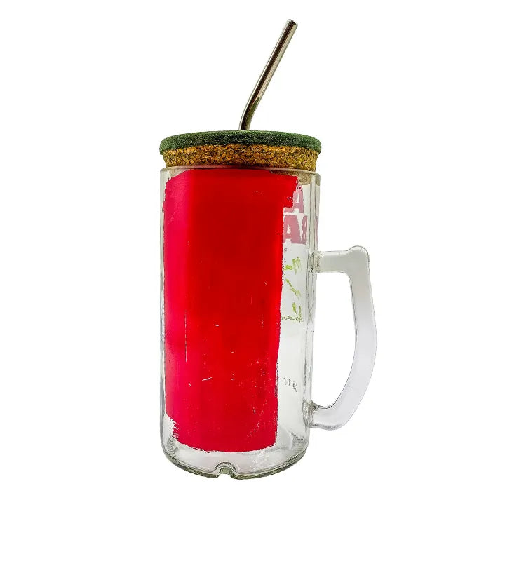 Smooth polished glass handle on handcrafted upcycled Absolut Raspberri mug