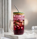 Upcycled Absolut Raspberri bottle mug with glass handle and sipper on wooden table