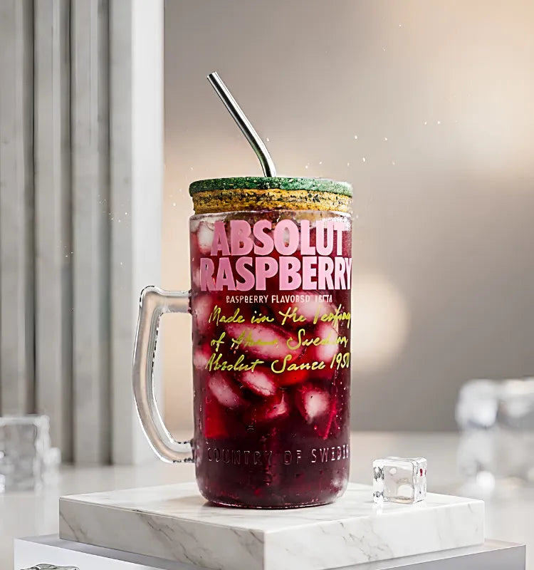 Upcycled Absolut Raspberri bottle mug with glass handle and sipper on wooden table