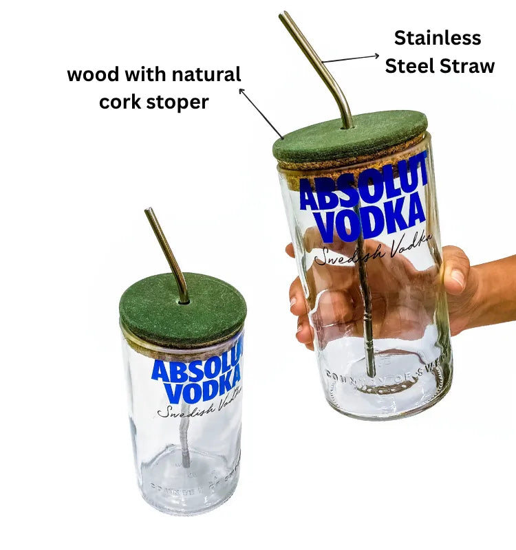 Hand-cut polished rim of upcycled Absolut vodka bottle sipper glass