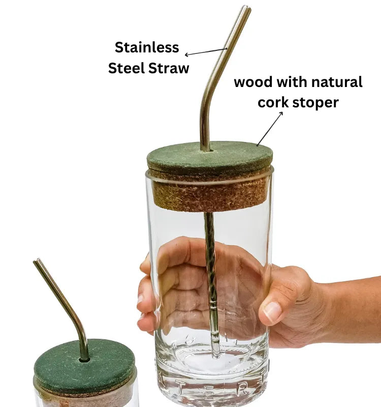 Hand holding upcycled recycled glass bottle sipper showing smooth polished cut edge